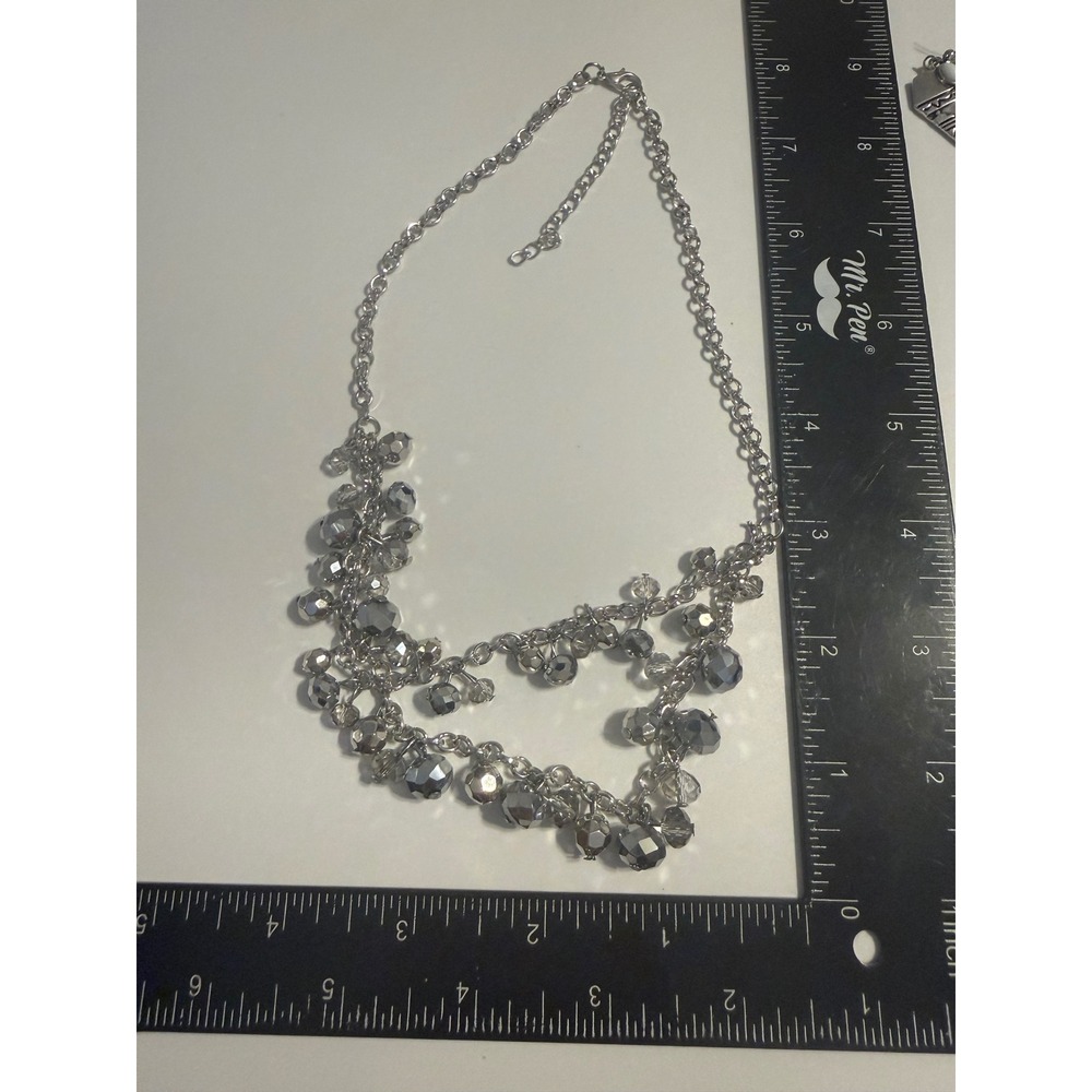 Silver Tone Layered Bib Statement Necklace Faceted Bead Fringe Adjustable Chain
